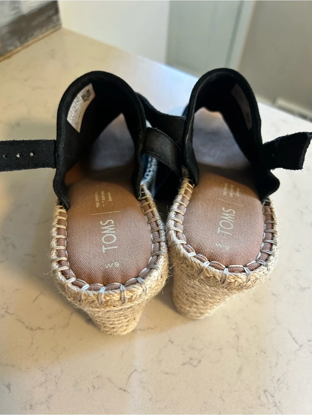 TOMS Monica Black Suede Leather Wedge Espadrille Sandals